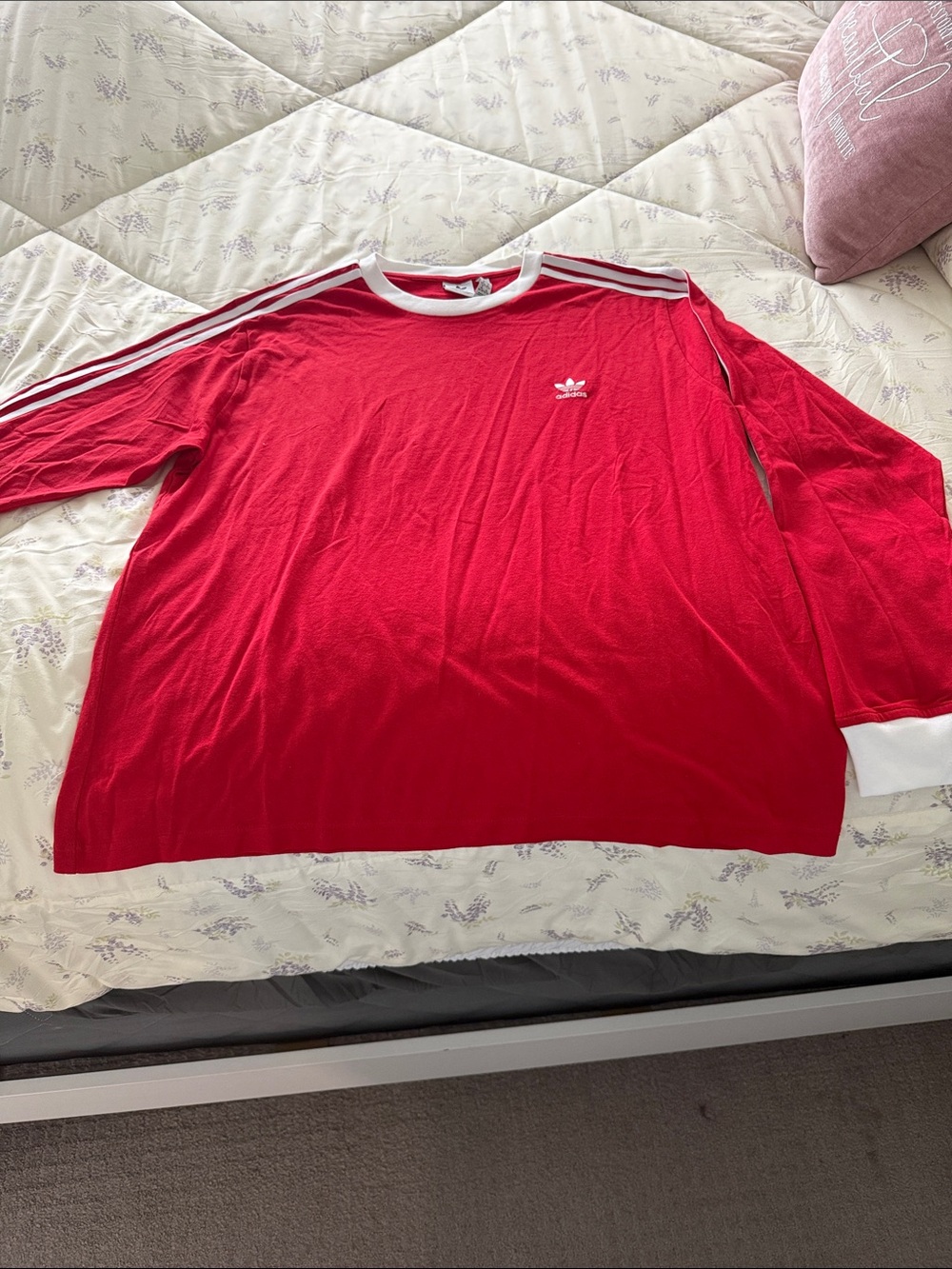 adidas Red Long Sleeve Three-Stripe Crew